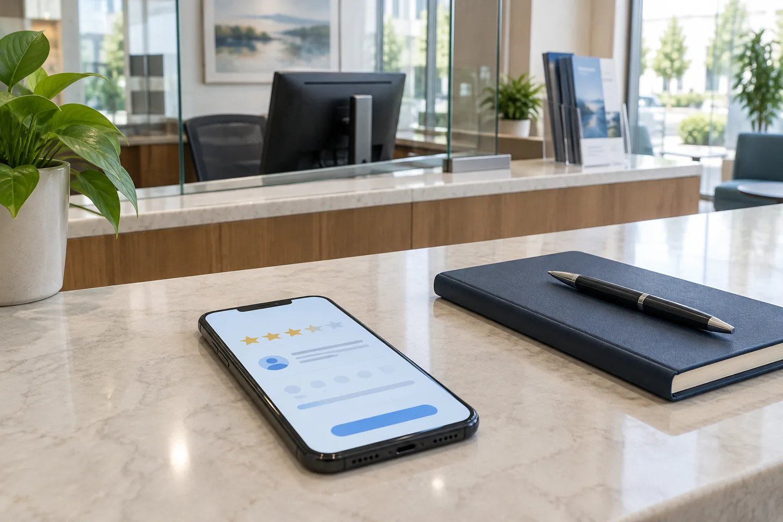 Un smartphone affichant une interface d’avis abstraite posé sur un comptoir d’accueil bancaire.