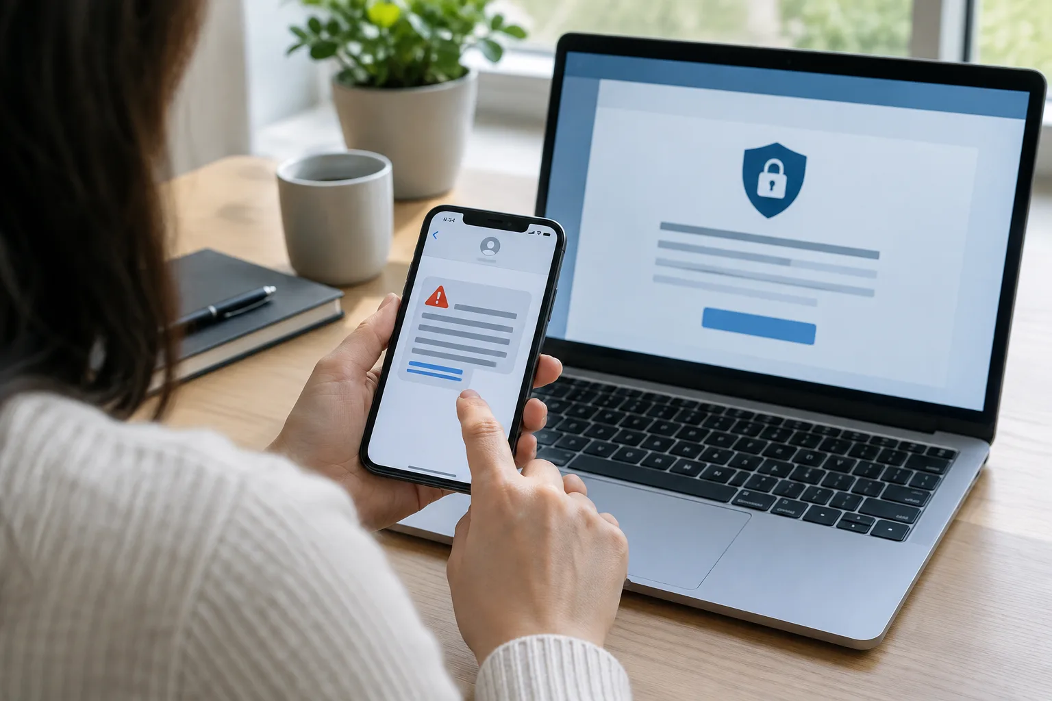 Une personne vérifie un message suspect sur son téléphone à côté d’un ordinateur affichant une page de sécurité bancaire générique.